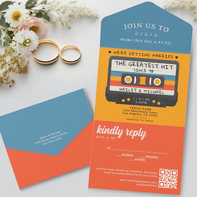 Casamento de Maiores Acertos na Fita Cassete Retro (Blue and Orange Retro Cassette Tape Greatest Hit Wedding All In One Invitation)