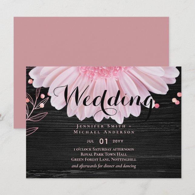 Casamento de margarida rosa-rosa-preto moderno (Frente/Verso)