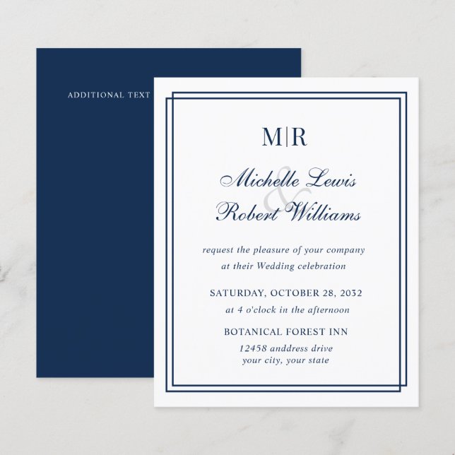 Casamento de Marinho de Monograma Elegante de Fron (Frente/Verso)