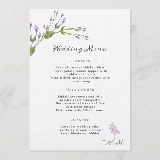 Casamento de Menu Floral Mínimo Lilac (Frente)