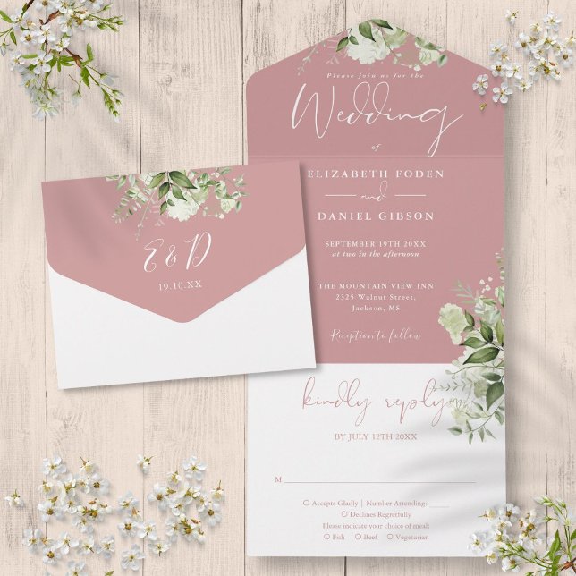 Casamento de Monograma Botânico de Rosa Empoeirada (Dusty Rose Botanical Greenery Monogram Wedding All In One Invitation)
