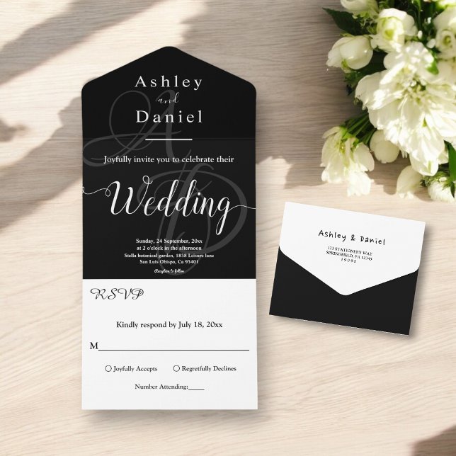 Casamento De Monograma Branco E Preto Chic Elegant (Criador carregado)