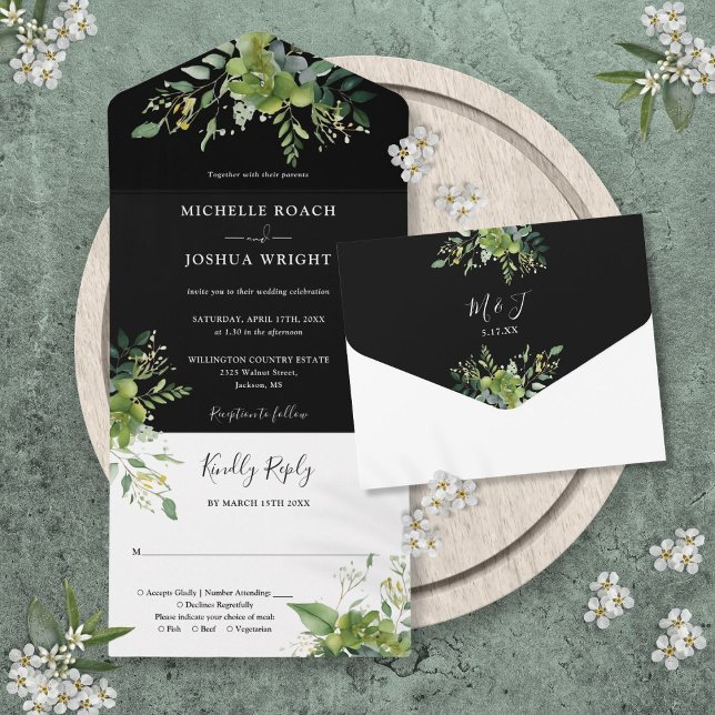 Casamento De Monograma Branco E Preto De Verde (Greenery Black And White Monogram Wedding All In One Invitation)