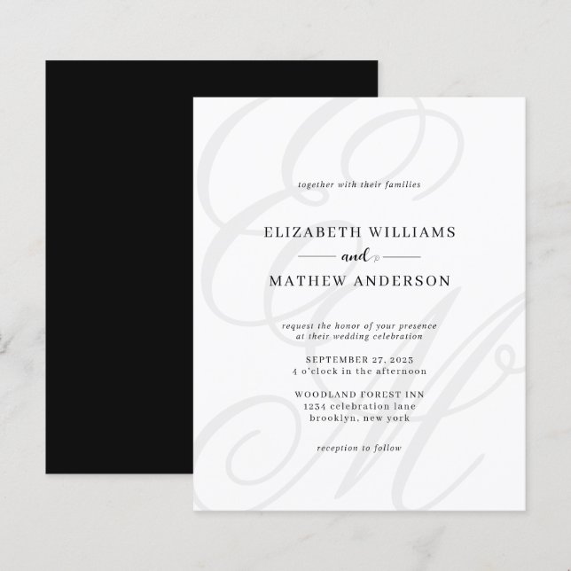 Casamento de Monograma Branco Preto com Script Ele (Frente/Verso)