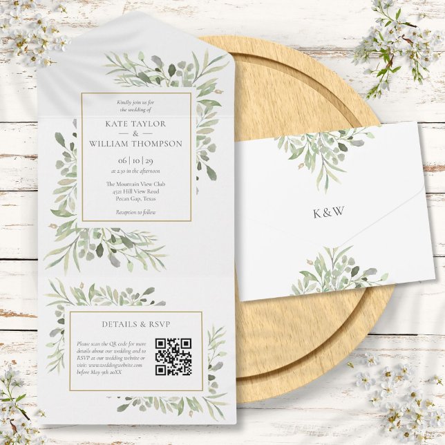 Casamento de Monograma de Código QR Floral Verde (Greenery Floral QR Code Monogram Wedding All In One Invitation)