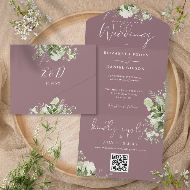 Casamento de Monograma de Código QR Floral Verde M (Mauve Greenery Floral QR Code Monogram Wedding All In One Invitation)