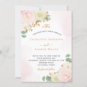 Casamento de monograma de ouro floral cor-de-rosa-