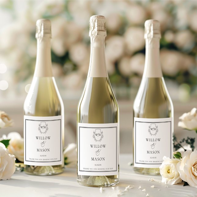 Casamento de Monograma de Vintage Elegante (Elegant Vintage Monogram Wedding Sparkling Wine Label)