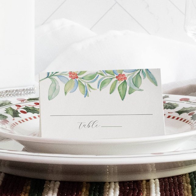 Casamento de Natal Cartão Watercolor Greenery (Winter wedding place cards feature unique watercolor Christmas art by Victoria Grigaliunas)