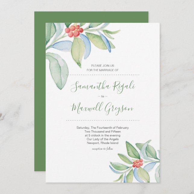 Casamento de Natal Convite Watercolor Greenery (Frente/Verso)