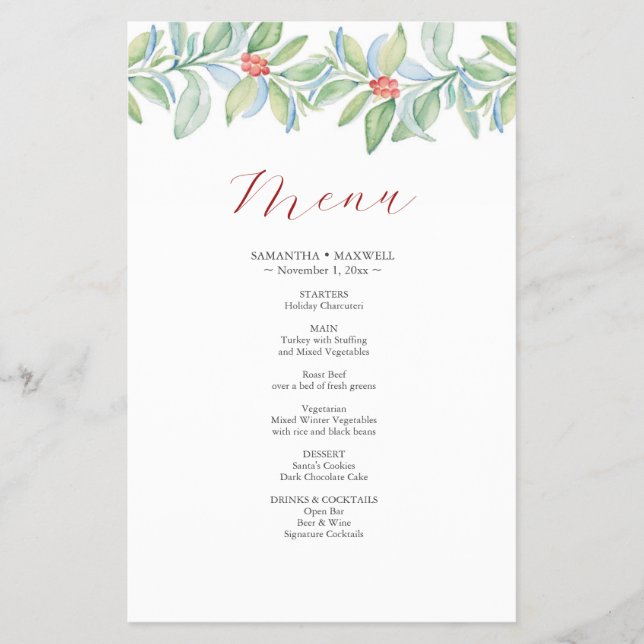 Casamento de Natal Menus Watercolor Greenery (Frente)