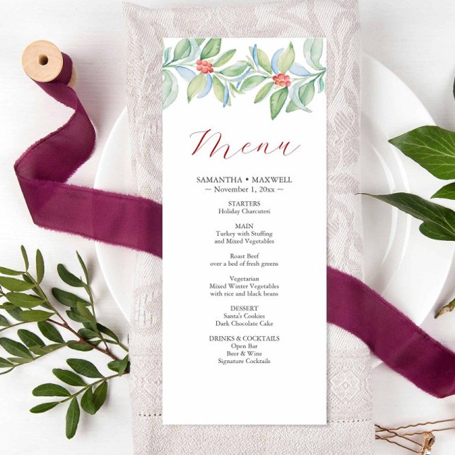 Casamento de Natal Menus Watercolor Greenery (Christmas wedding menu features unique watercolor art by Victoria Grigaliunas.)