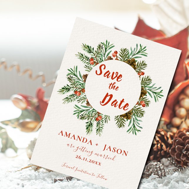 Casamento de Natal Rustic Red Berries Salve a Data (Rustic Red Berries Christmas Wedding Save the Date)