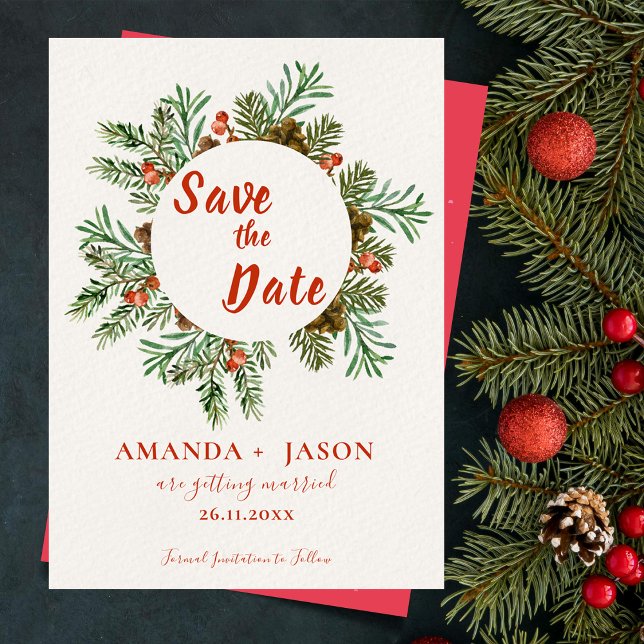 Casamento de Natal Rustic Red Berries Salve a Data (Rustic Red Berries Christmas Wedding Save the Date)