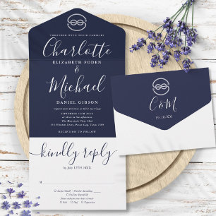 Casamento de Nó Náutico Azul Marinho e Branco Scri
