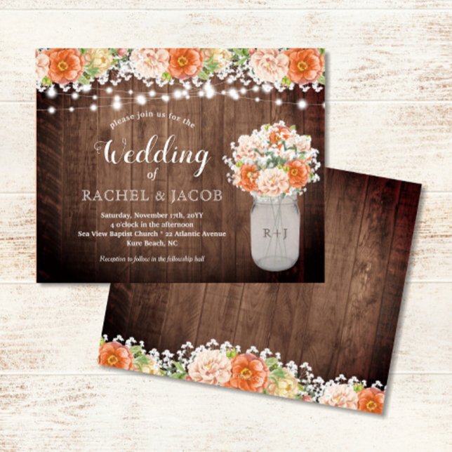Casamento de Orçamento da Rústica Queda Laranja Ma (Rustic Mason Jar with Fall Florals & String Lights Wedding Invitation)