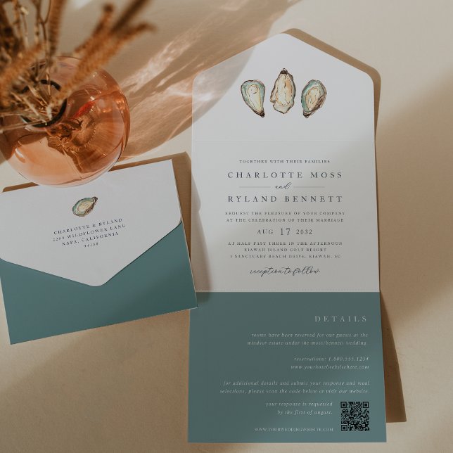 Casamento de Ostras de Aquarela Costeira (Coastal oyster wedding invitations with detachable details card and QR code)