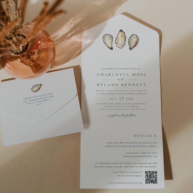 Casamento de Ostras de Aquarela Costeira (Coastal oyster wedding invitations with a detachable details card)