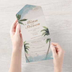 Casamento de ouro de praia tropical com aquarela a