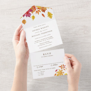 Casamento de Outono com Folhas Caindo em Aquarela
