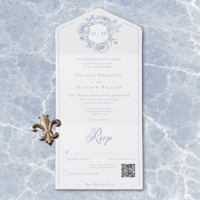 Casamento de Pássaros de Chinoiserie Azul Elegante (Elegant Blue Chinoiserie Bird Crest Wedding QR All In One Invitation)