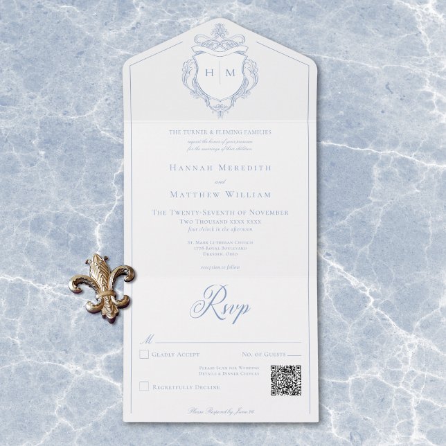 Casamento de Pássaros de Chinoiserie Azul Elegante (Elegant Blue Chinoiserie Bird Crest Wedding QR All In One Invitation)