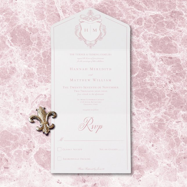 Casamento de Pássaros de Chinoiserie Rosa Elegante (Elegant Pink Chinoiserie Bird Crest Wedding All In One Invitation)
