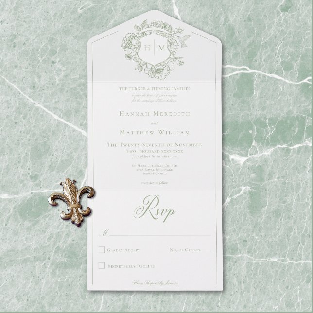 Casamento de Pássaros de Chinoiserie Verde Elegant (Elegant Green Chinoiserie Bird Crest Wedding All In One Invitation)