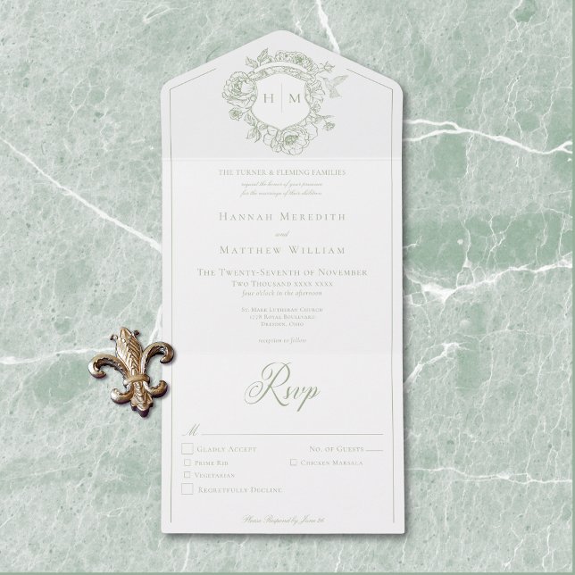 Casamento de Pássaros de Chinoiserie Verde Elegant (Elegant Green Chinoiserie Bird Crest Wedding All In One Invitation)