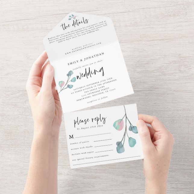 Casamento de Pastel Eucalyptus Rosa-Teal Moderno (Aba destacável)