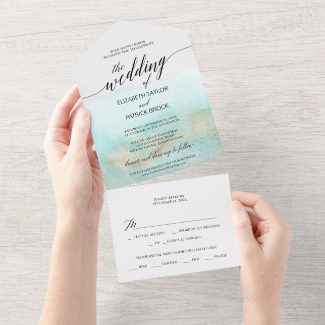 Casamento de praia com Aqua e Dourada Watercolor (Aba destacável)