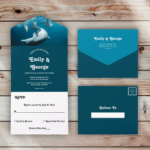 Casamento de praia com golfinhos lúcidos e marinho