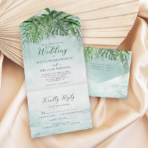 Casamento de praia com granja verde de folhas trop