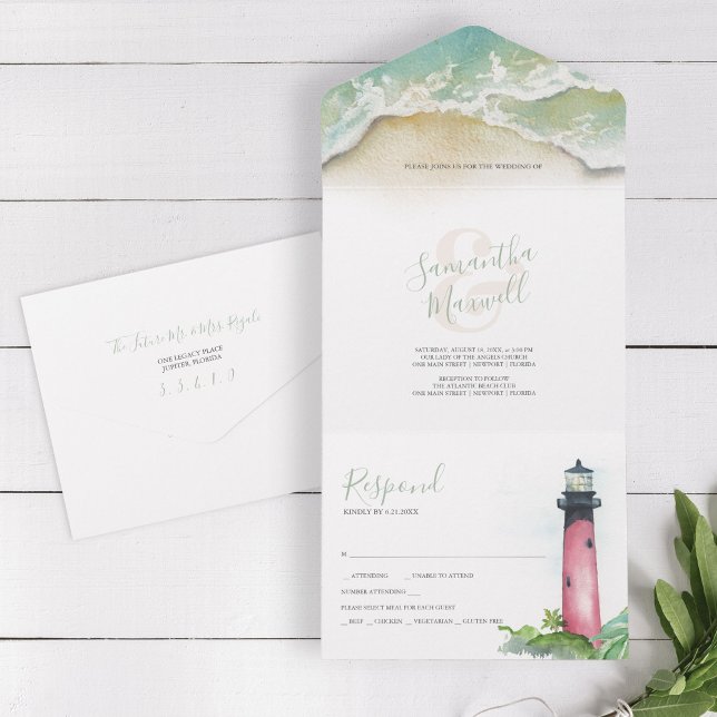 Casamento De Praia De Jupiter Lighthouse Na Flórid (All in one beach wedding invitation ocean and lighthouse watercolor art by Victoria Grigaliunas)