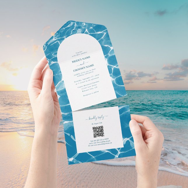 Casamento de Praia do Oceano Azul Moderno com Aqua (Modern Watercolor Blue Ocean Beach Wedding All In One Invitation)