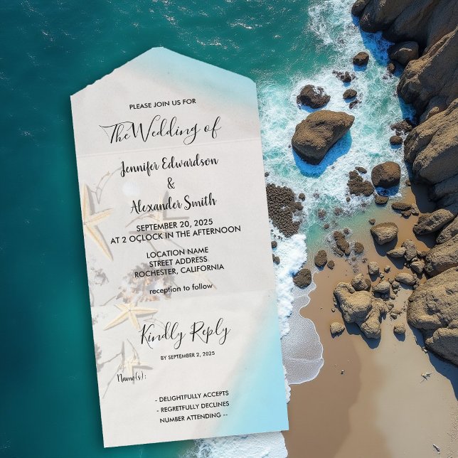 Casamento de praia do oceano tropical (Tropical ocean beach wedding all in one invitation. A wedding invitation and RSVP card in one.)
