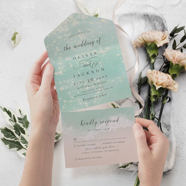 Casamento de praia Elegante abstrato (Elegant abstract sparkling ocean beach wedding all in one invitation)
