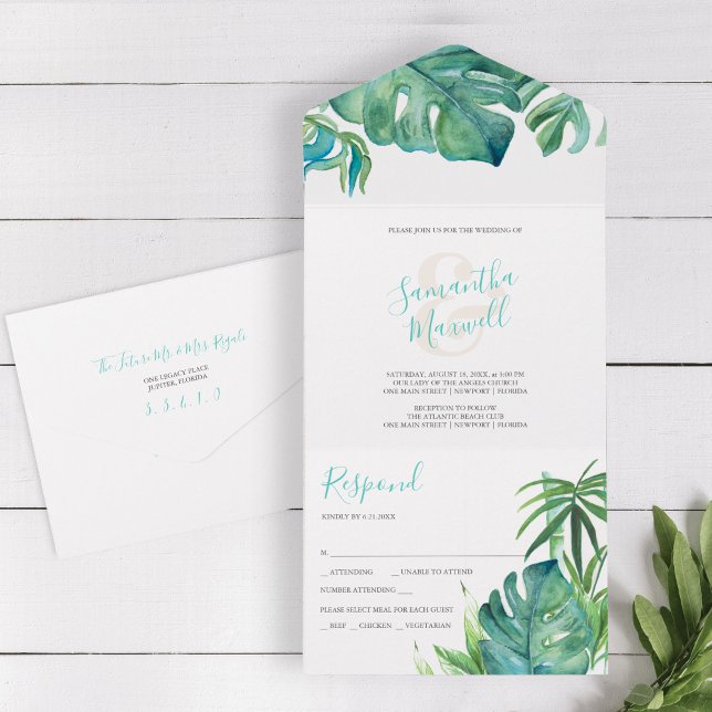 Casamento de Praia na Flórida Convite com RSVP (tropical beach wedding all in one invitation features watercolor palm leaves. )