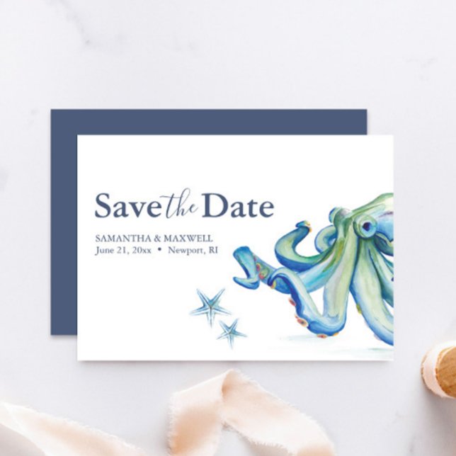 Casamento De Praia Salve O Cartão De Data Oceano (beach wedding save the date cards watercolor blue octopus by Victoria Grigaliunas of Do Tell A Belle)