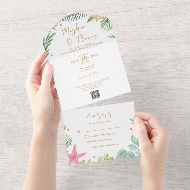 Casamento de praia tropical com código QR RSVP (Aba destacável)