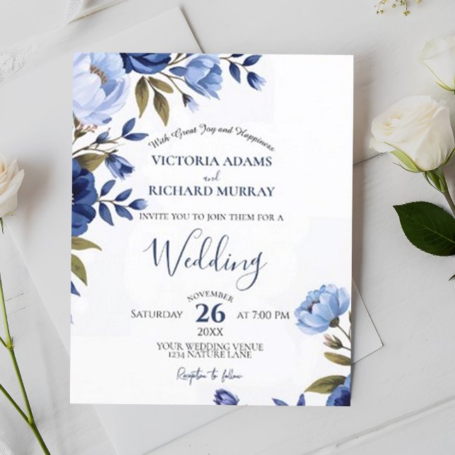 Casamento de Recepção Floral Azul Elegante (Criador carregado)