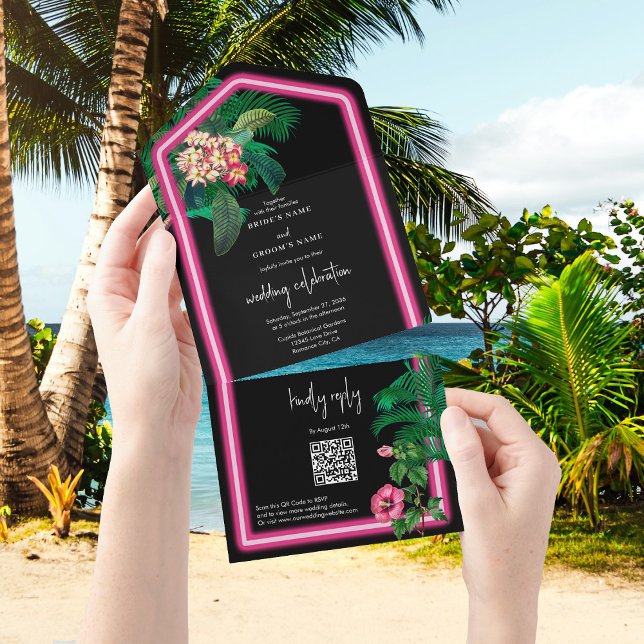 Casamento de Retros Tropicais Neon Pink (Neon Pink Tropical Retro Botanicals Wedding All In One Invitation)