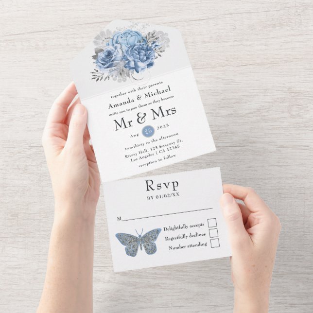 Casamento de Rosa Vintage Azul Pastel e Prata (Aba destacável)