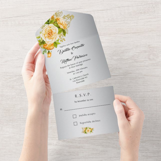 Casamento de Rosas Elegantes Prateadas e Amarelas (Aba destacável)