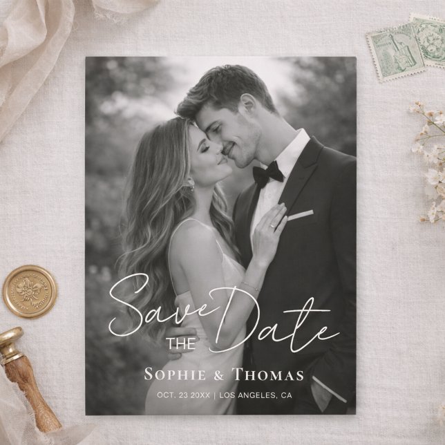 Casamento de Roteiro Moderno 2 Fotos Salvar a Data (Modern Script Wedding 2 Photos Save the Date)