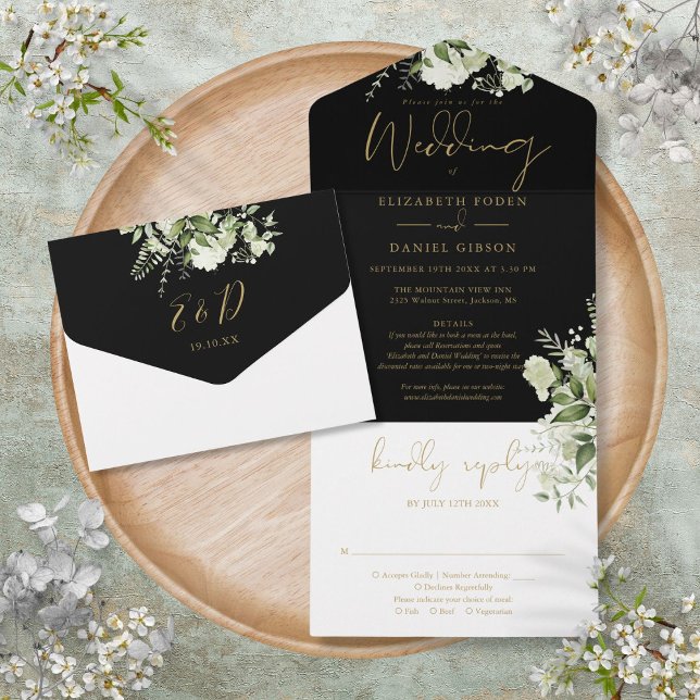Casamento de RSVP com Detalhes de Verde e Dourado (Black And Gold Greenery Details RSVP Wedding All In One Invitation
)