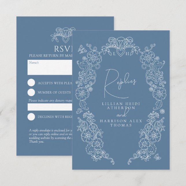 Casamento de RSVP com o monograma de cinza azul de (Frente/Verso)