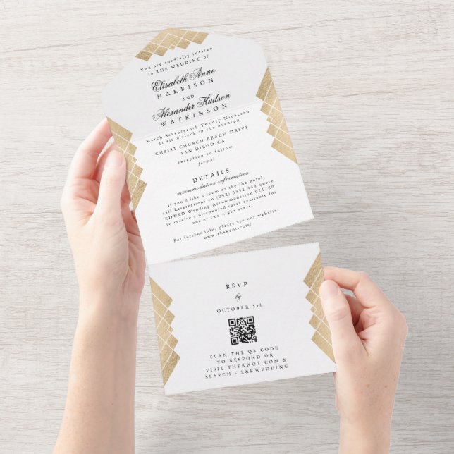 Casamento de RSVP de CÓDIGO QR de Gatsby Dourado b (Aba destacável)
