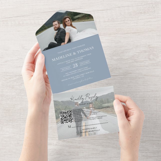Casamento de RSVP de Foto com Código QR 2 Azul Mod (Aba destacável)