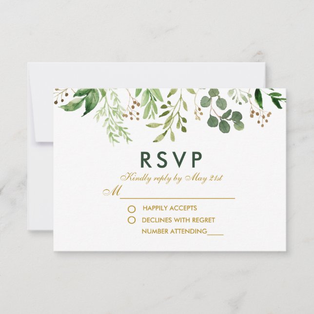 Casamento de RSVP Dourado Verde de Aquarela (Frente)
